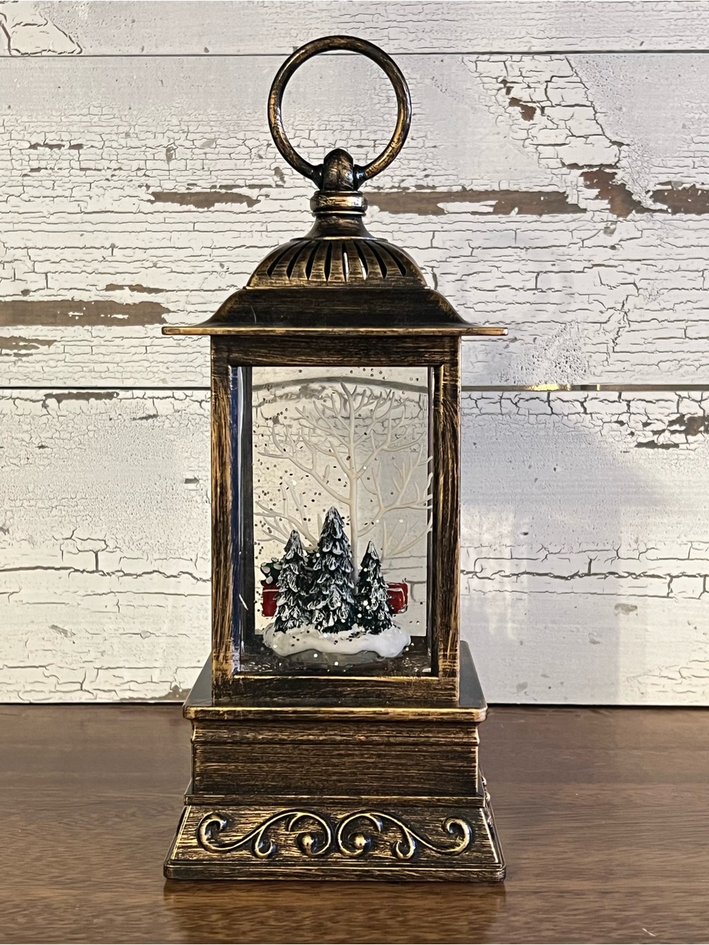 Lighted Christmas Snow Globe Lantern with Vintage Red Truck and Pine Trees - 11"